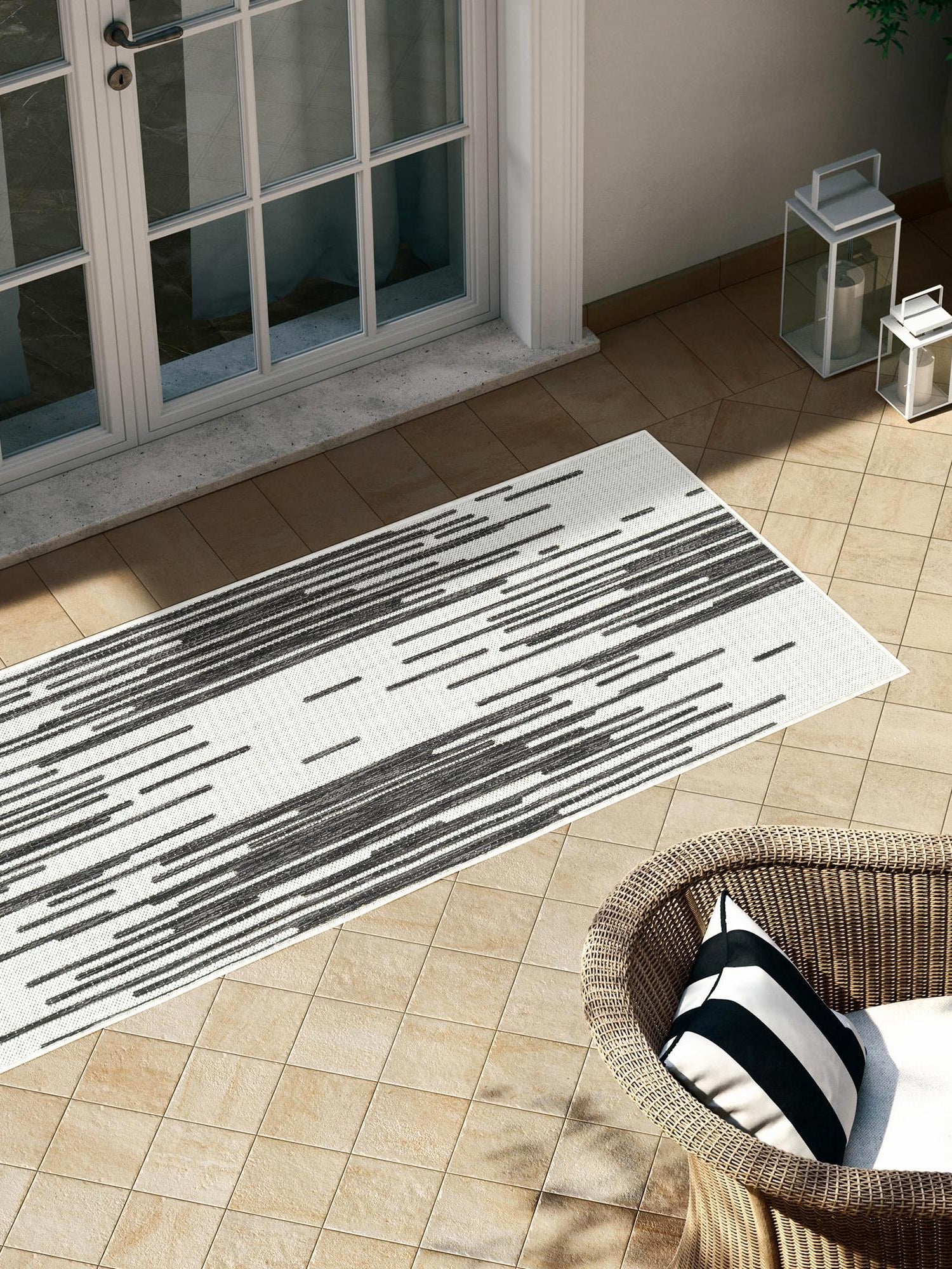 Black and White 2' x 6' 1 Outdoor Modern Runner Area Rug Weather Resistant for Patio, Deck, Terrace, Balcony, Porch 100% Polypropylene Modern Outside Carpet for Sale at Rug Engine
