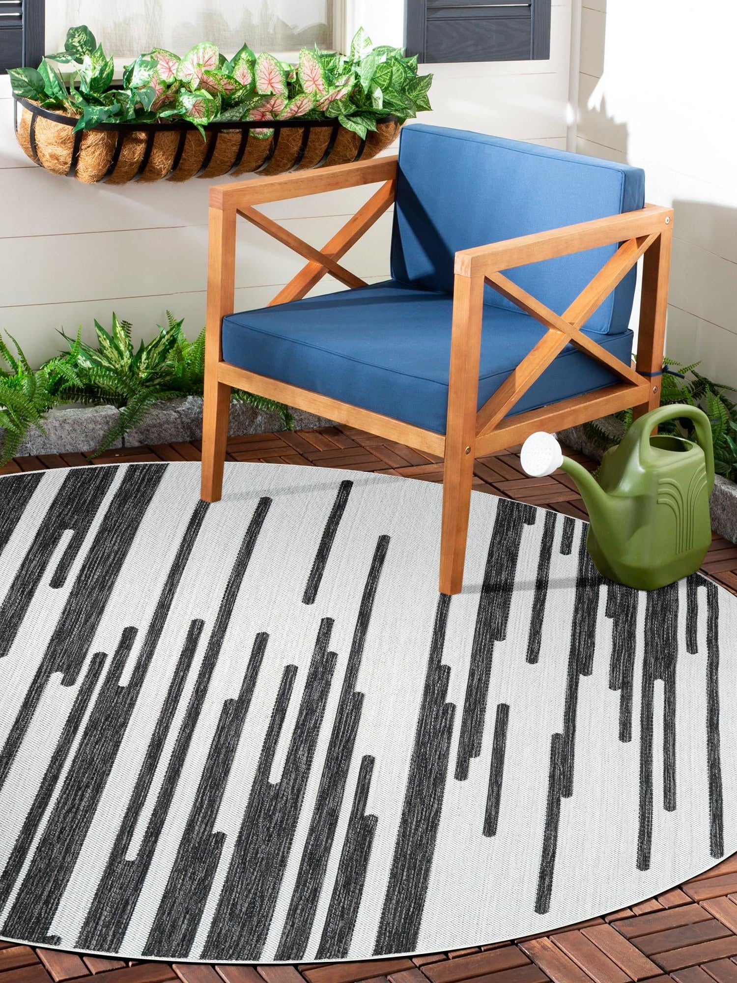Black and White 6' 1 x 6' 1 Outdoor Modern Round Area Rug Weather Resistant for Patio, Deck, Terrace, Balcony, Porch 100% Polypropylene Modern Outside Carpet for Sale at Rug Engine