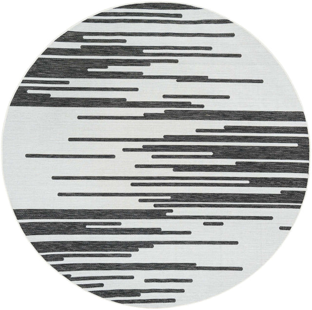Black and White 7' 10 x 7' 10 Outdoor Modern Round Area Rug Weather Resistant for Patio, Deck, Terrace, Balcony, Porch 100% Polypropylene Modern Outside Carpet for Sale at Rug Engine