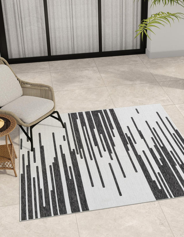 Black and White 7' 10 x 7' 10 Outdoor Modern Square Area Rug Weather Resistant for Patio, Deck, Terrace, Balcony, Porch 100% Polypropylene Modern Outside Carpet for Sale at Rug Engine