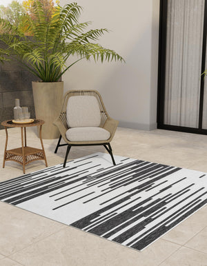 Black and White 7' 10 x 7' 10 Outdoor Modern Square Area Rug Weather Resistant for Patio, Deck, Terrace, Balcony, Porch 100% Polypropylene Modern Outside Carpet for Sale at Rug Engine