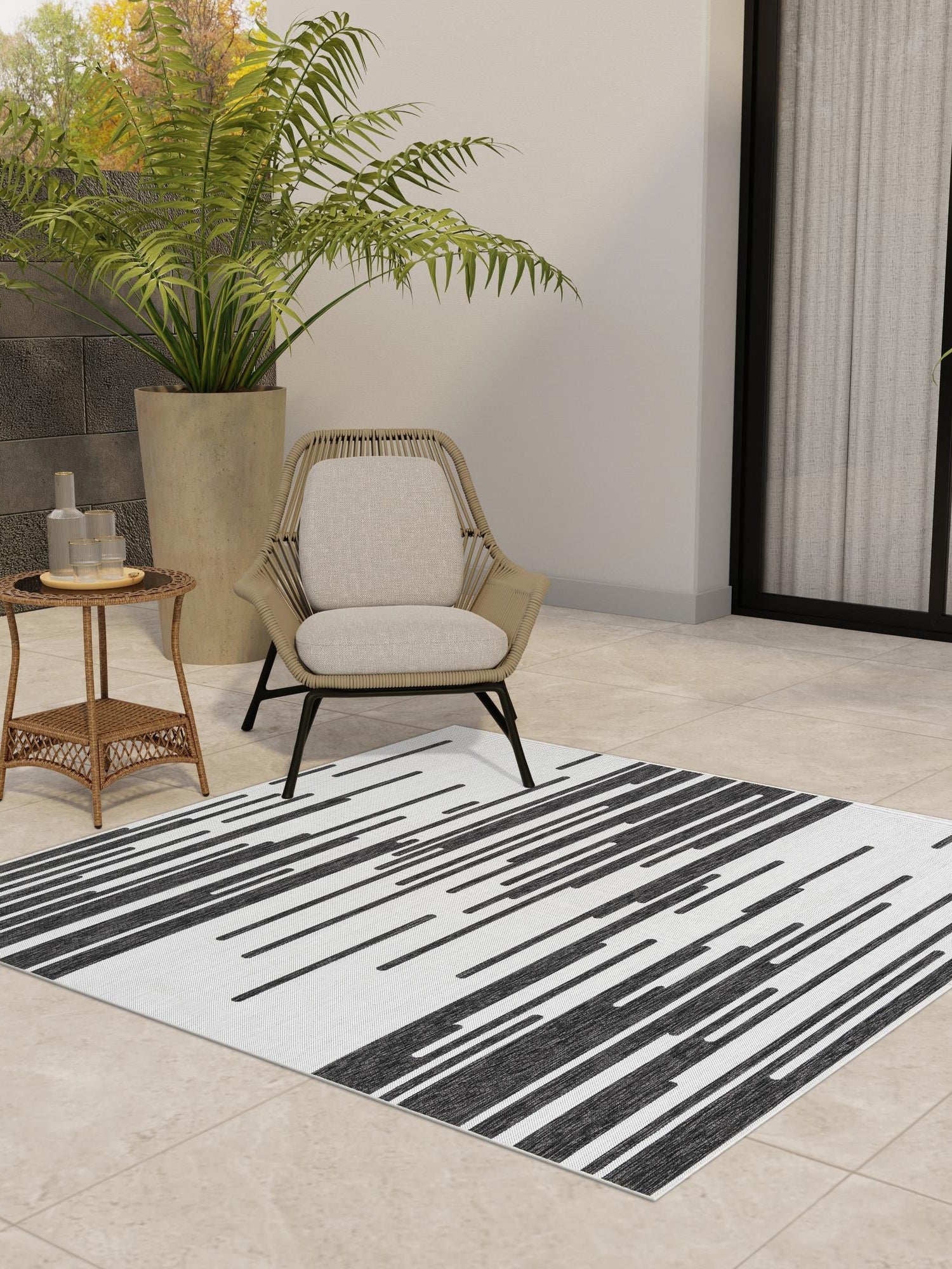 Black and White 10' x 10' Outdoor Modern Square Area Rug Weather Resistant for Patio, Deck, Terrace, Balcony, Porch 100% Polypropylene Modern Outside Carpet for Sale at Rug Engine
