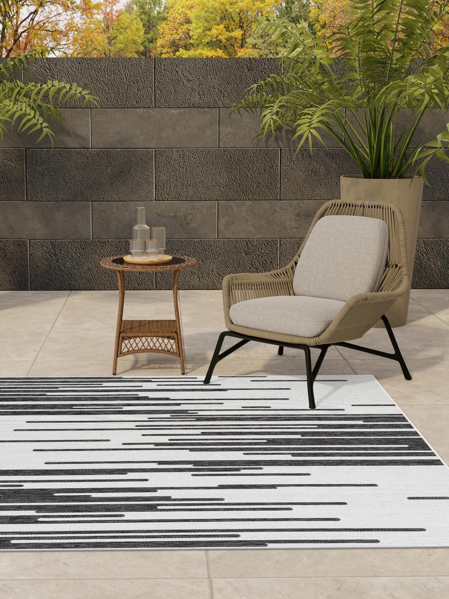 Black and White 12' x 12' Outdoor Modern Square Area Rug Weather Resistant for Patio, Deck, Terrace, Balcony, Porch 100% Polypropylene Modern Outside Carpet for Sale at Rug Engine