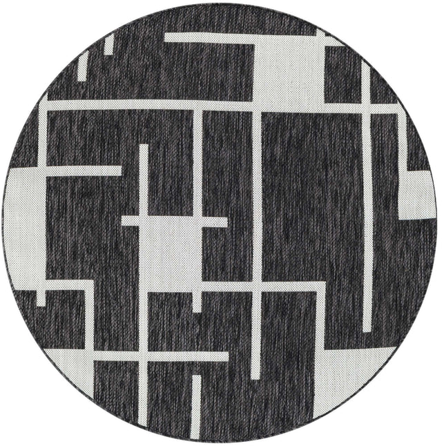 Black and White 4' 1 x 4' 1 Outdoor Modern Round Area Rug Weather Resistant for Patio, Deck, Terrace, Balcony, Porch 100% Polypropylene Modern Outside Carpet for Sale at Rug Engine