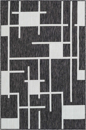 Black and White 4' 1 x 6' 1 Outdoor Modern Rectangle Area Rug Weather Resistant for Patio, Deck, Terrace, Balcony, Porch 100% Polypropylene Modern Outside Carpet for Sale at Rug Engine