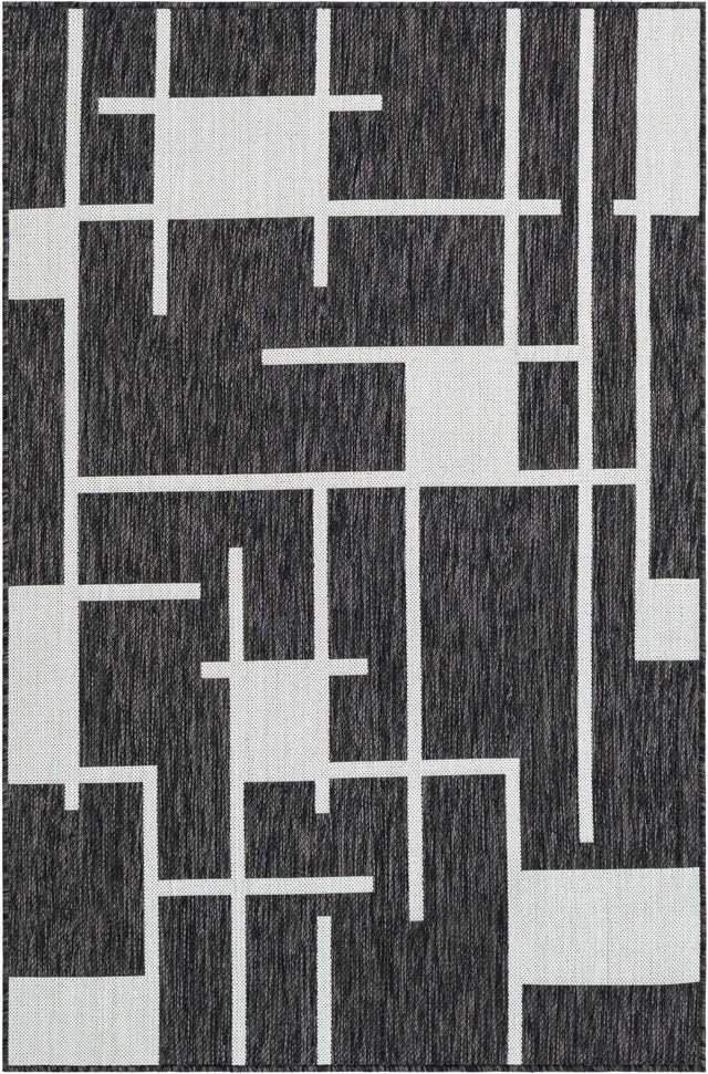 Black and White 4' 1 x 6' 1 Outdoor Modern Rectangle Area Rug Weather Resistant for Patio, Deck, Terrace, Balcony, Porch 100% Polypropylene Modern Outside Carpet for Sale at Rug Engine