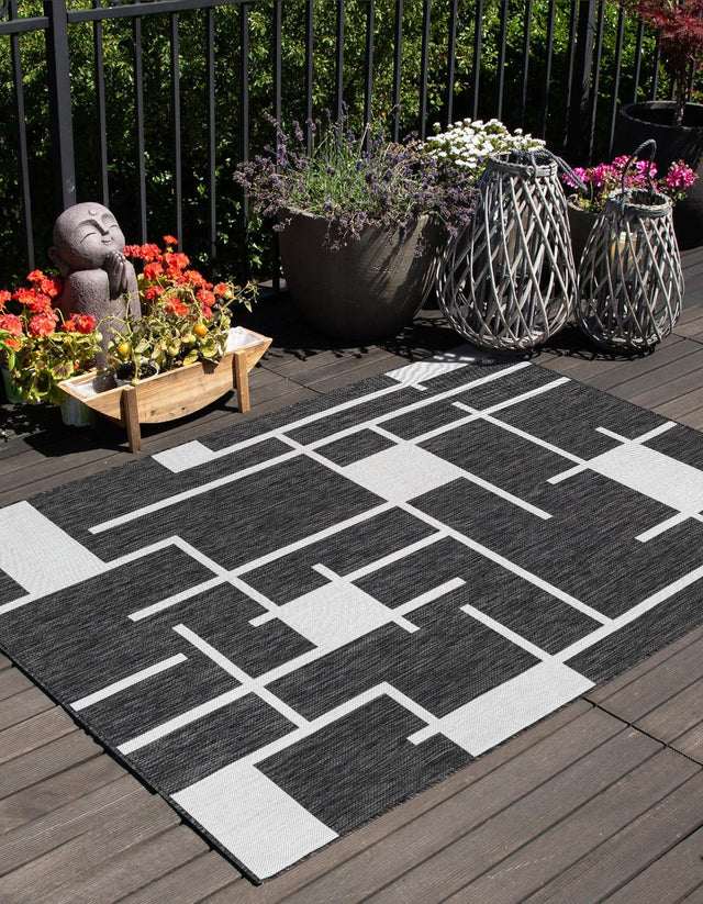 Black and White 9' x 12' Outdoor Modern Rectangle Area Rug Weather Resistant for Patio, Deck, Terrace, Balcony, Porch 100% Polypropylene Modern Outside Carpet for Sale at Rug Engine