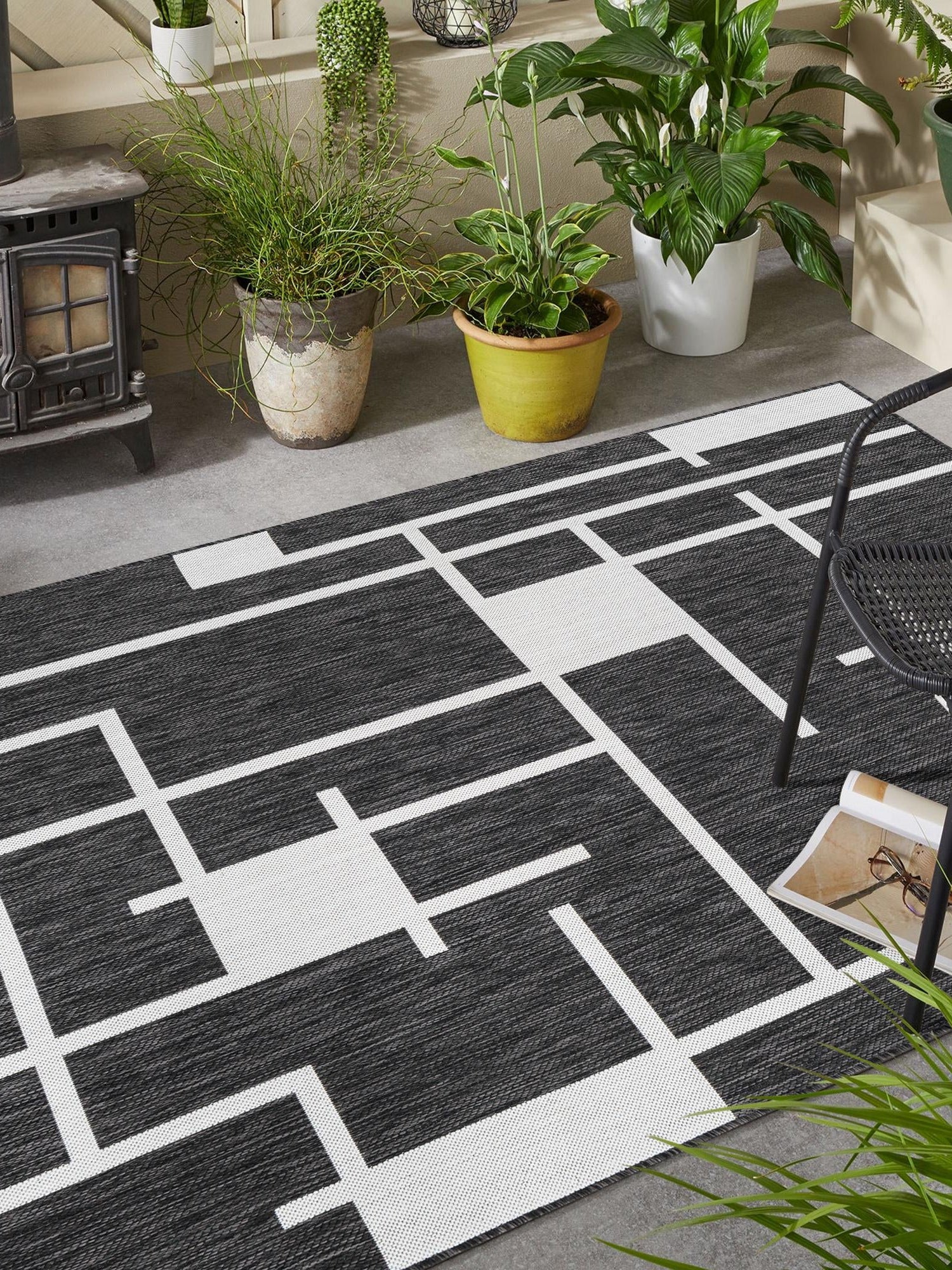 Black and White 5' 3 x 8' Outdoor Modern Rectangle Area Rug Weather Resistant for Patio, Deck, Terrace, Balcony, Porch 100% Polypropylene Modern Outside Carpet for Sale at Rug Engine