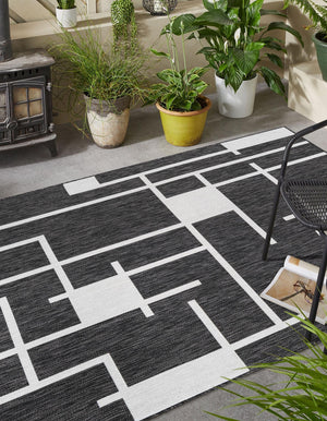 Black and White 5' 3 x 8' Outdoor Modern Rectangle Area Rug Weather Resistant for Patio, Deck, Terrace, Balcony, Porch 100% Polypropylene Modern Outside Carpet for Sale at Rug Engine