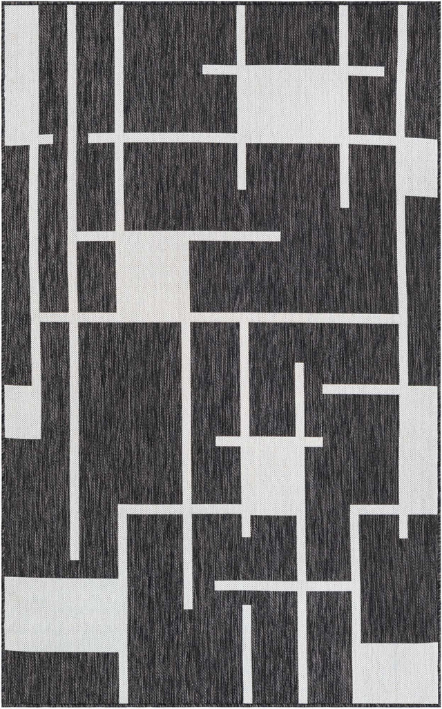 Black and White 5' 3 x 8' Outdoor Modern Rectangle Area Rug Weather Resistant for Patio, Deck, Terrace, Balcony, Porch 100% Polypropylene Modern Outside Carpet for Sale at Rug Engine