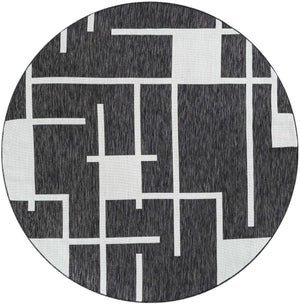 Black and White 6' 1 x 6' 1 Outdoor Modern Round Area Rug Weather Resistant for Patio, Deck, Terrace, Balcony, Porch 100% Polypropylene Modern Outside Carpet for Sale at Rug Engine