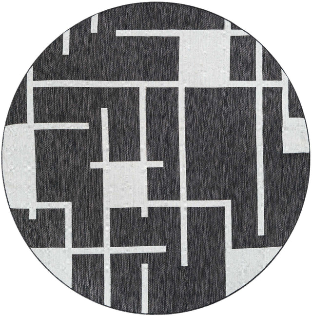 Black and White 6' 1 x 6' 1 Outdoor Modern Round Area Rug Weather Resistant for Patio, Deck, Terrace, Balcony, Porch 100% Polypropylene Modern Outside Carpet for Sale at Rug Engine