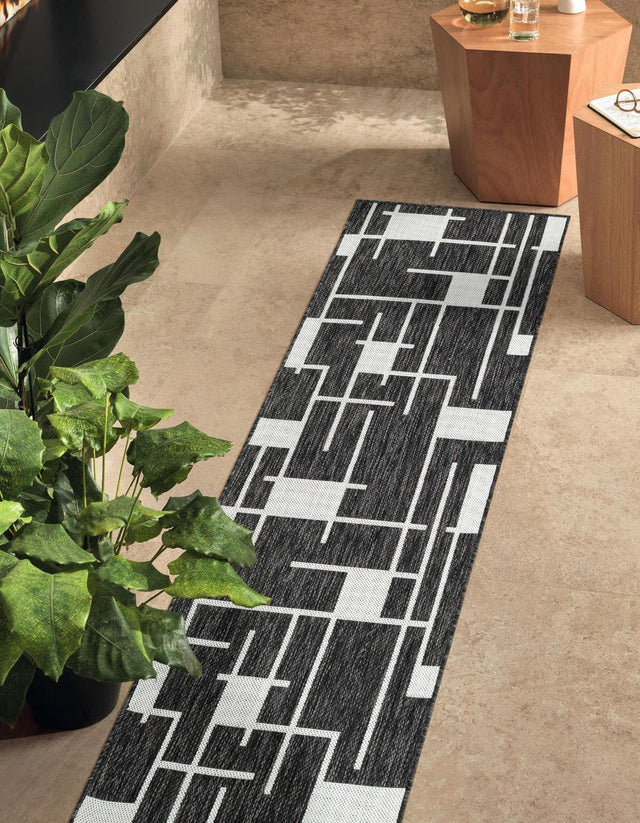 Black and White 2' x 5' 3 Outdoor Modern Runner Area Rug Weather Resistant for Patio, Deck, Terrace, Balcony, Porch 100% Polypropylene Modern Outside Carpet for Sale at Rug Engine