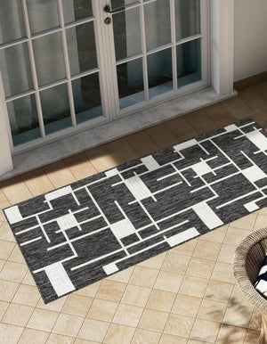 Black and White 2' x 6' 1 Outdoor Modern Runner Area Rug Weather Resistant for Patio, Deck, Terrace, Balcony, Porch 100% Polypropylene Modern Outside Carpet for Sale at Rug Engine
