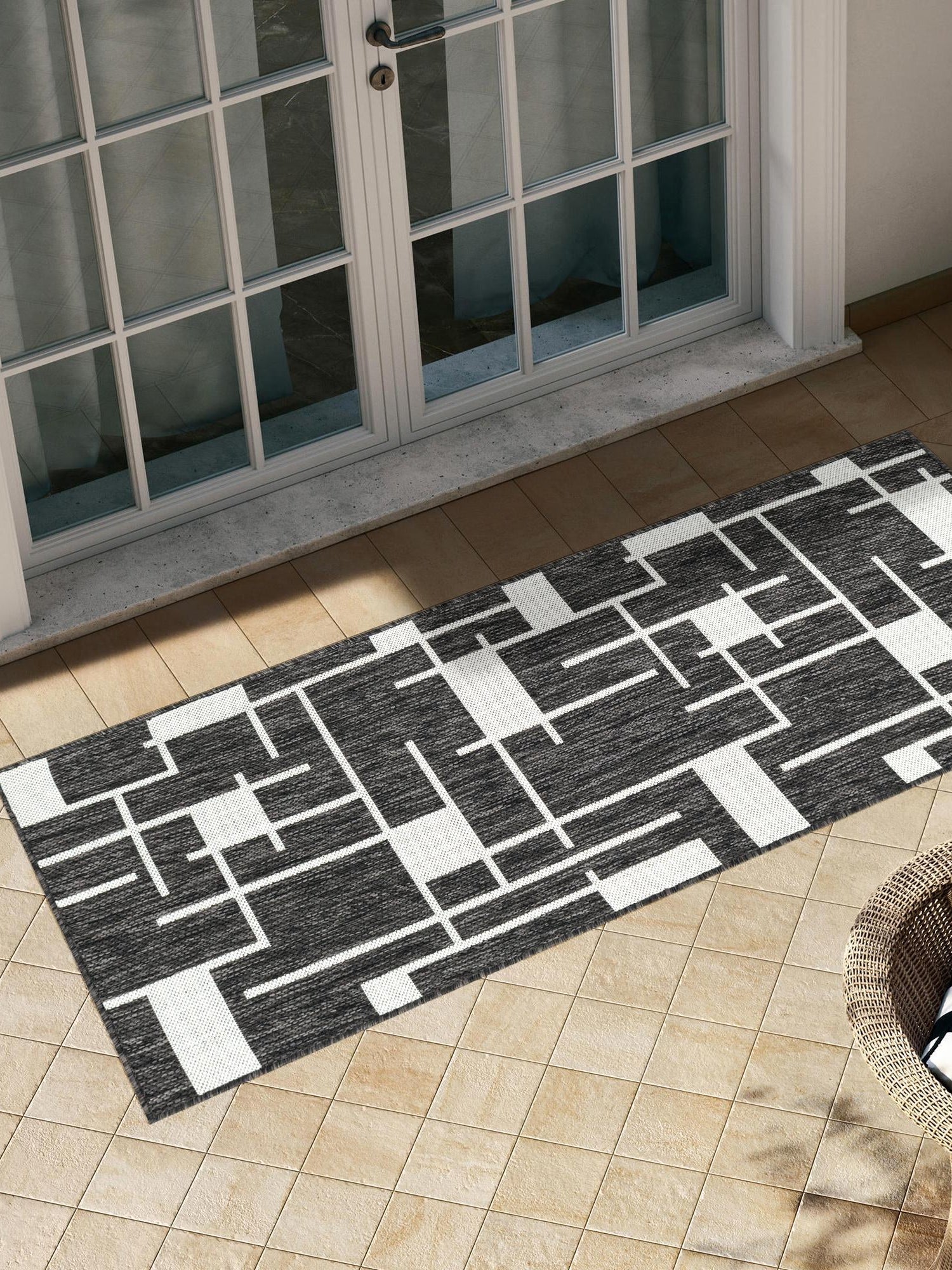 Black and White 2' x 5' 3 Outdoor Modern Runner Area Rug Weather Resistant for Patio, Deck, Terrace, Balcony, Porch 100% Polypropylene Modern Outside Carpet for Sale at Rug Engine