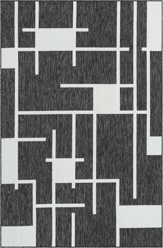Black and White 6' 1 x 9' Outdoor Modern Rectangle Area Rug Weather Resistant for Patio, Deck, Terrace, Balcony, Porch 100% Polypropylene Modern Outside Carpet for Sale at Rug Engine