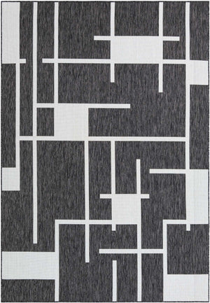 Black and White 7' 1 x 10' Outdoor Modern Rectangle Area Rug Weather Resistant for Patio, Deck, Terrace, Balcony, Porch 100% Polypropylene Modern Outside Carpet for Sale at Rug Engine