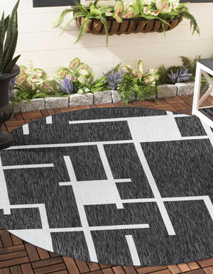 Black and White 7' 10 x 7' 10 Outdoor Modern Round Area Rug Weather Resistant for Patio, Deck, Terrace, Balcony, Porch 100% Polypropylene Modern Outside Carpet for Sale at Rug Engine