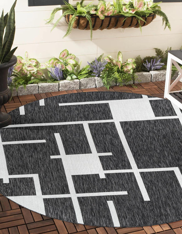 Black and White 3' 1 x 3' 1 Outdoor Modern Round Area Rug Weather Resistant for Patio, Deck, Terrace, Balcony, Porch 100% Polypropylene Modern Outside Carpet for Sale at Rug Engine