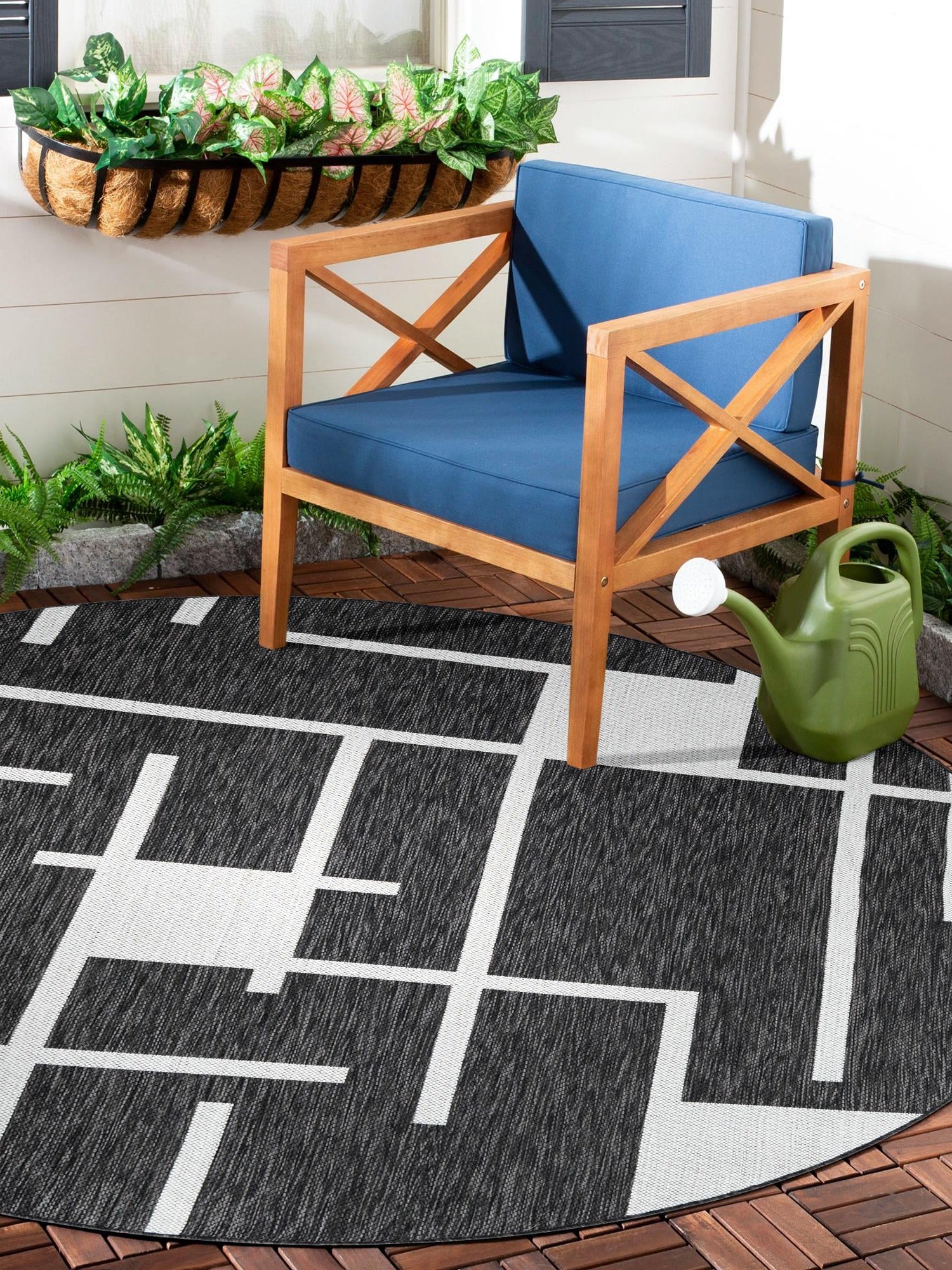Black and White 3' 1 x 3' 1 Outdoor Modern Round Area Rug Weather Resistant for Patio, Deck, Terrace, Balcony, Porch 100% Polypropylene Modern Outside Carpet for Sale at Rug Engine