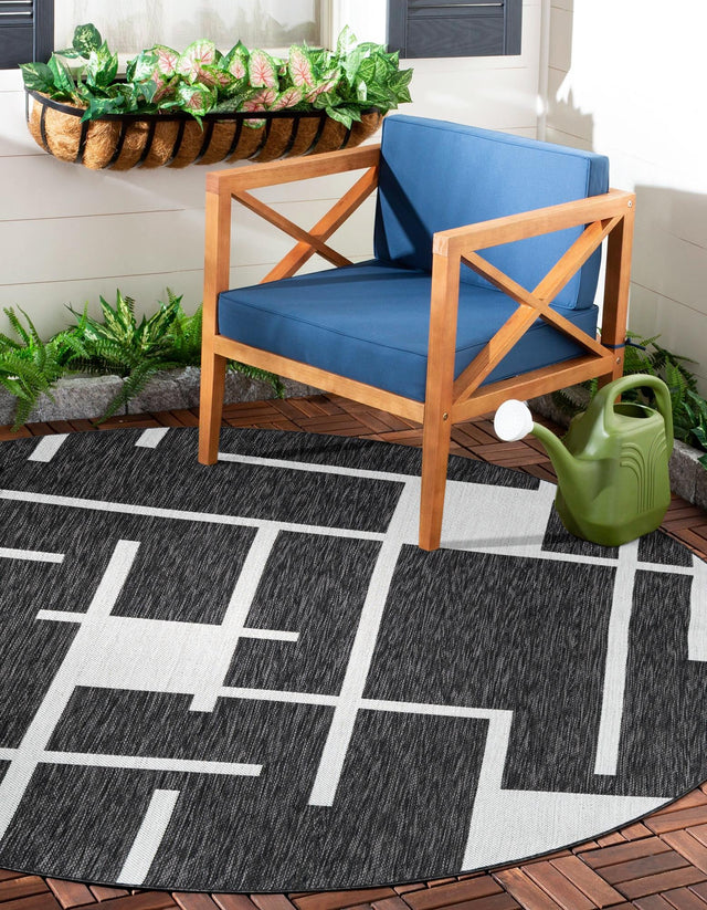 Black and White 3' 1 x 3' 1 Outdoor Modern Round Area Rug Weather Resistant for Patio, Deck, Terrace, Balcony, Porch 100% Polypropylene Modern Outside Carpet for Sale at Rug Engine