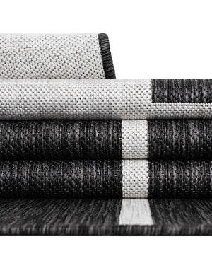 Black and White 7' 10 x 7' 10 Outdoor Modern Round Area Rug Weather Resistant for Patio, Deck, Terrace, Balcony, Porch 100% Polypropylene Modern Outside Carpet for Sale at Rug Engine
