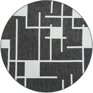 Black and White 7' 10 x 7' 10 Outdoor Modern Round Area Rug Weather Resistant for Patio, Deck, Terrace, Balcony, Porch 100% Polypropylene Modern Outside Carpet for Sale at Rug Engine