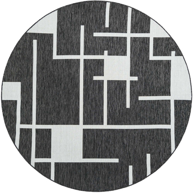 Black and White 7' 10 x 7' 10 Outdoor Modern Round Area Rug Weather Resistant for Patio, Deck, Terrace, Balcony, Porch 100% Polypropylene Modern Outside Carpet for Sale at Rug Engine