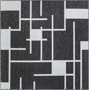 Black and White 7' 10 x 7' 10 Outdoor Modern Square Area Rug Weather Resistant for Patio, Deck, Terrace, Balcony, Porch 100% Polypropylene Modern Outside Carpet for Sale at Rug Engine