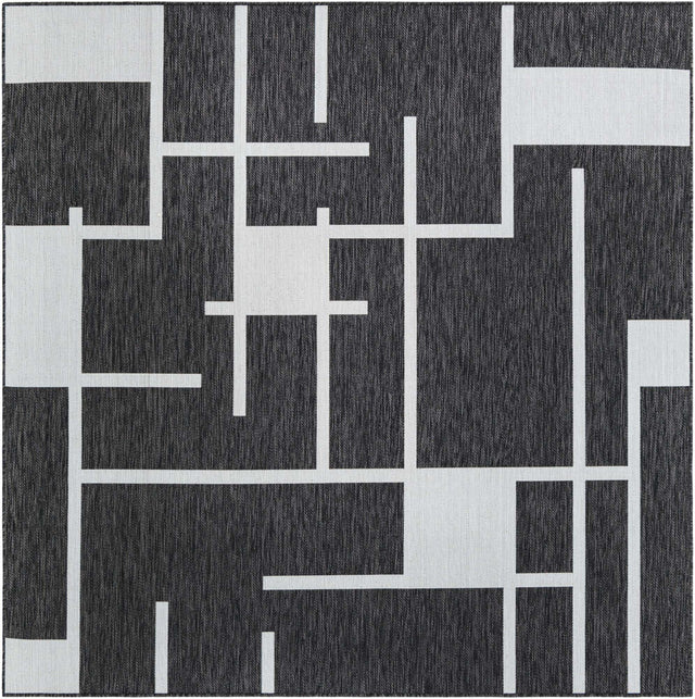 Black and White 7' 10 x 7' 10 Outdoor Modern Square Area Rug Weather Resistant for Patio, Deck, Terrace, Balcony, Porch 100% Polypropylene Modern Outside Carpet for Sale at Rug Engine