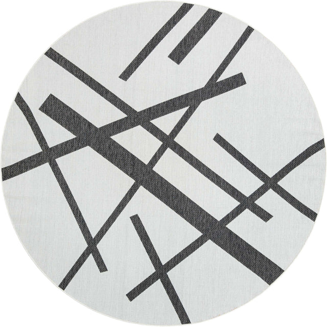Black and White 10' x 10' Outdoor Modern Round Area Rug Weather Resistant for Patio, Deck, Terrace, Balcony, Porch 100% Polypropylene Modern Outside Carpet for Sale at Rug Engine