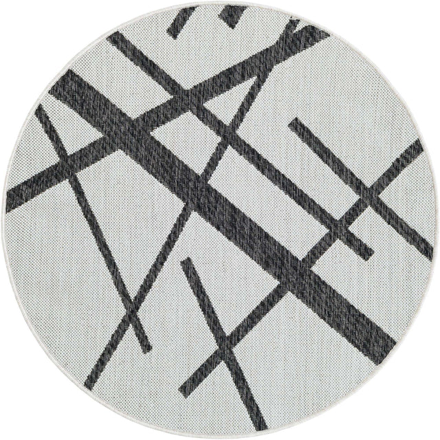Black and White 3' 1 x 3' 1 Outdoor Modern Round Area Rug Weather Resistant for Patio, Deck, Terrace, Balcony, Porch 100% Polypropylene Modern Outside Carpet for Sale at Rug Engine