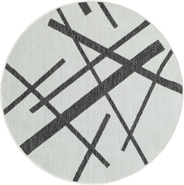 Black and White 4' 1 x 4' 1 Outdoor Modern Round Area Rug Weather Resistant for Patio, Deck, Terrace, Balcony, Porch 100% Polypropylene Modern Outside Carpet for Sale at Rug Engine