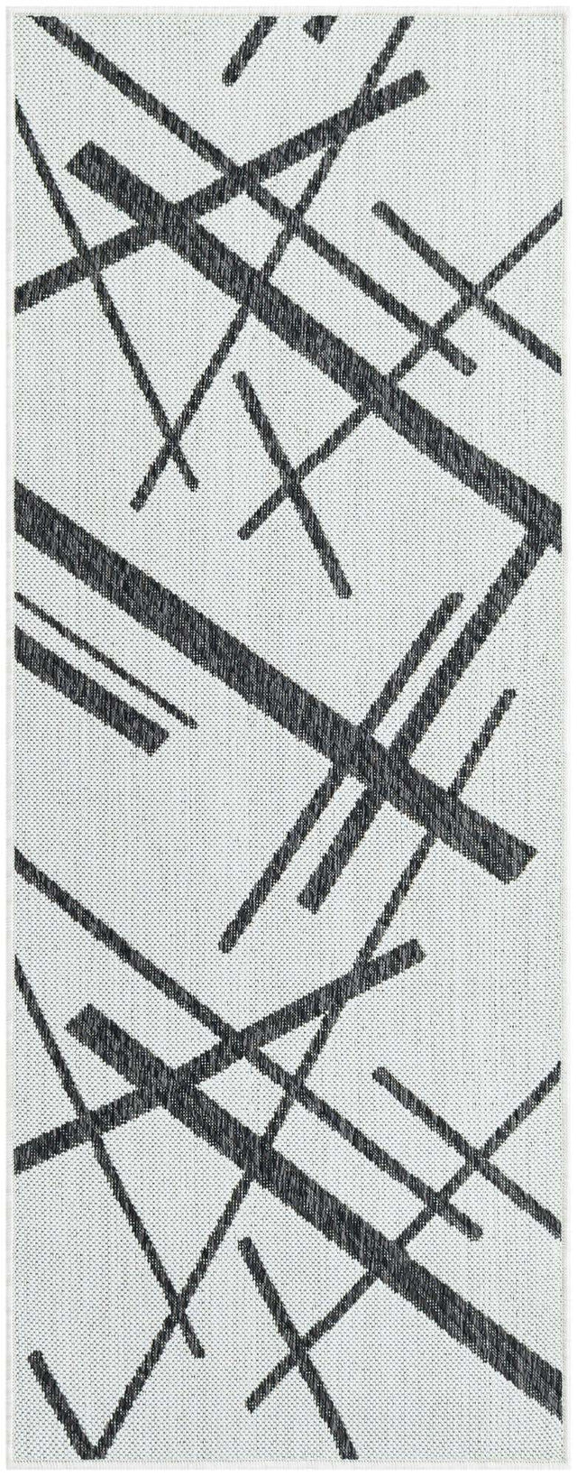 Black and White 2' x 5' 3 Outdoor Modern Runner Area Rug Weather Resistant for Patio, Deck, Terrace, Balcony, Porch 100% Polypropylene Modern Outside Carpet for Sale at Rug Engine