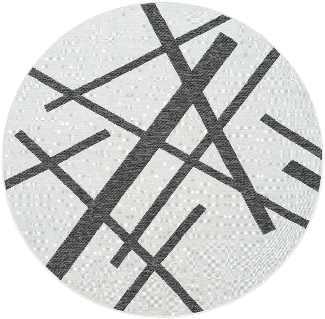 Black and White 6' 1 x 6' 1 Outdoor Modern Round Area Rug Weather Resistant for Patio, Deck, Terrace, Balcony, Porch 100% Polypropylene Modern Outside Carpet for Sale at Rug Engine