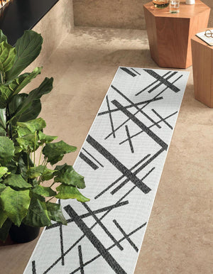 Black and White 2' x 8' Outdoor Modern Runner Area Rug Weather Resistant for Patio, Deck, Terrace, Balcony, Porch 100% Polypropylene Modern Outside Carpet for Sale at Rug Engine