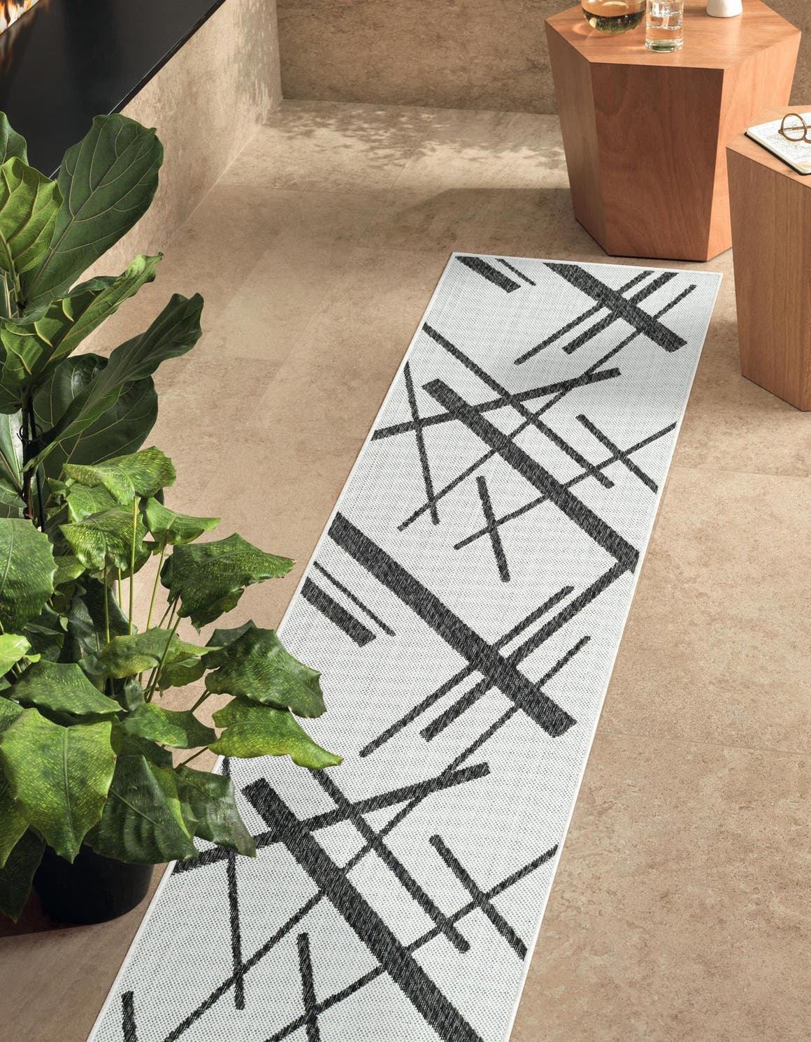 Black and White 2' x 6' 1 Outdoor Modern Runner Area Rug Weather Resistant for Patio, Deck, Terrace, Balcony, Porch 100% Polypropylene Modern Outside Carpet for Sale at Rug Engine