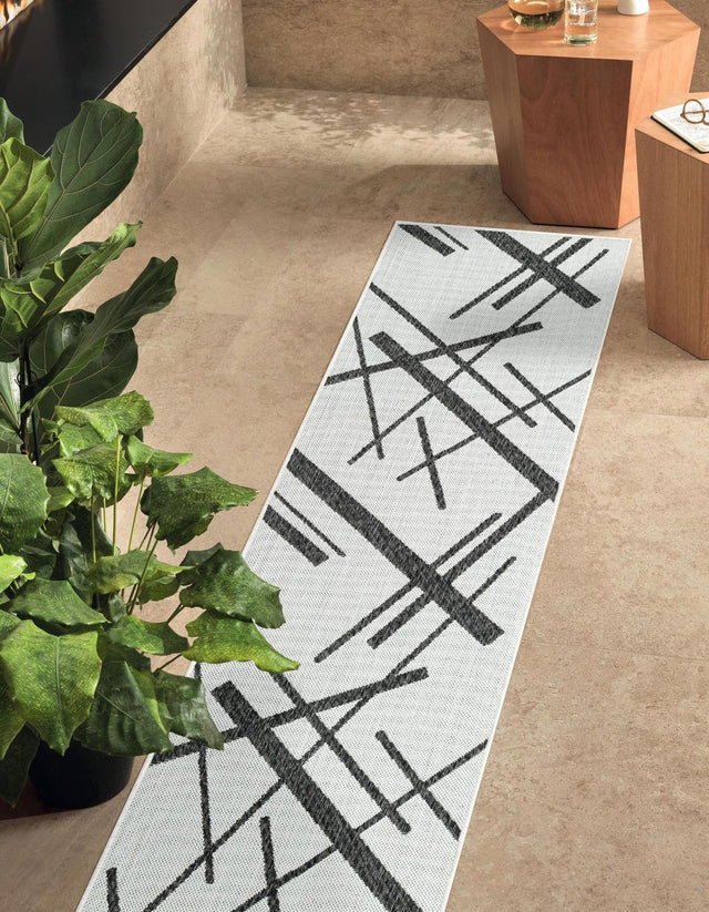 Black and White 2' x 5' 3 Outdoor Modern Runner Area Rug Weather Resistant for Patio, Deck, Terrace, Balcony, Porch 100% Polypropylene Modern Outside Carpet for Sale at Rug Engine