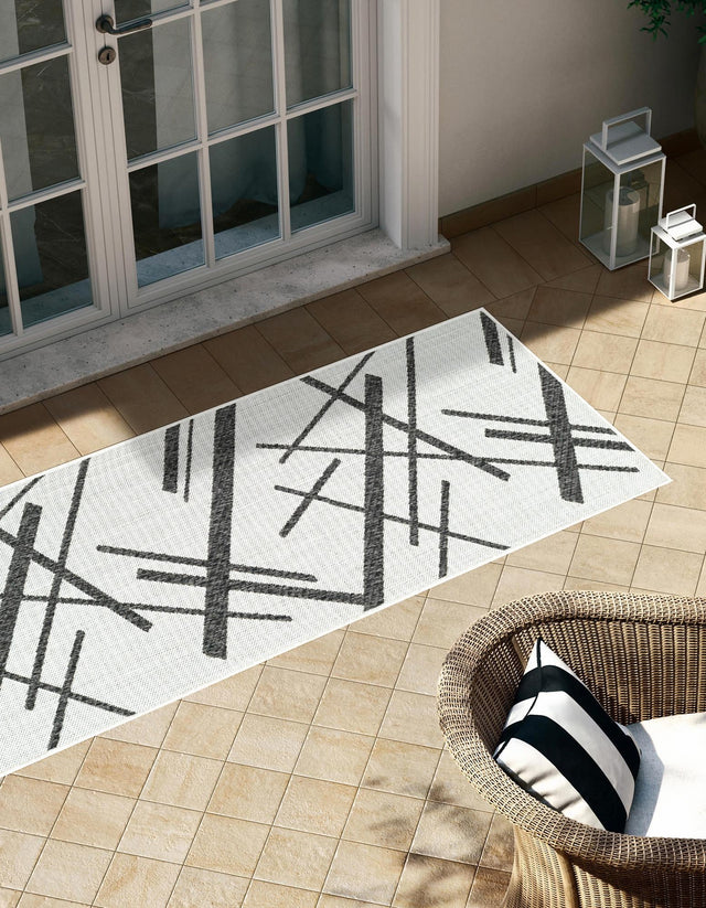 Black and White 2' x 5' 3 Outdoor Modern Runner Area Rug Weather Resistant for Patio, Deck, Terrace, Balcony, Porch 100% Polypropylene Modern Outside Carpet for Sale at Rug Engine