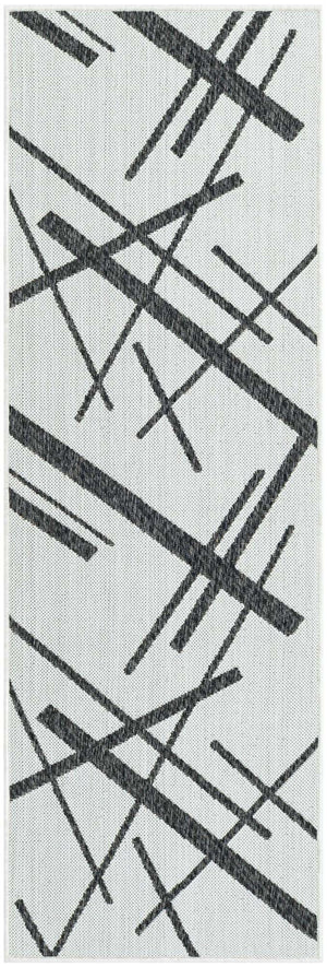 Black and White 2' x 6' 1 Outdoor Modern Runner Area Rug Weather Resistant for Patio, Deck, Terrace, Balcony, Porch 100% Polypropylene Modern Outside Carpet for Sale at Rug Engine