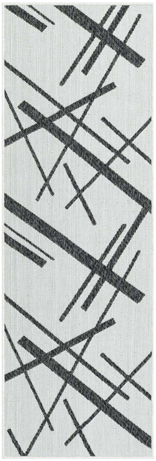 Black and White 2' x 6' 1 Outdoor Modern Runner Area Rug Weather Resistant for Patio, Deck, Terrace, Balcony, Porch 100% Polypropylene Modern Outside Carpet for Sale at Rug Engine