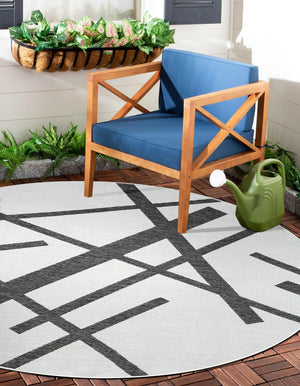Black and White 4' 1 x 4' 1 Outdoor Modern Round Area Rug Weather Resistant for Patio, Deck, Terrace, Balcony, Porch 100% Polypropylene Modern Outside Carpet for Sale at Rug Engine