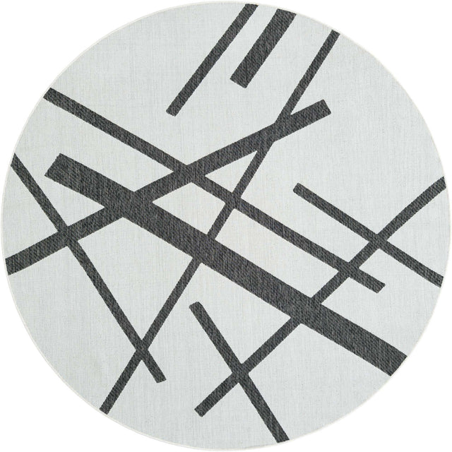 Black and White 7' 10 x 7' 10 Outdoor Modern Round Area Rug Weather Resistant for Patio, Deck, Terrace, Balcony, Porch 100% Polypropylene Modern Outside Carpet for Sale at Rug Engine