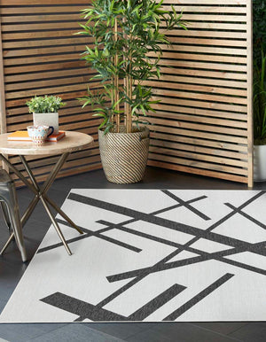 Black and White 10' x 10' Outdoor Modern Square Area Rug Weather Resistant for Patio, Deck, Terrace, Balcony, Porch 100% Polypropylene Modern Outside Carpet for Sale at Rug Engine
