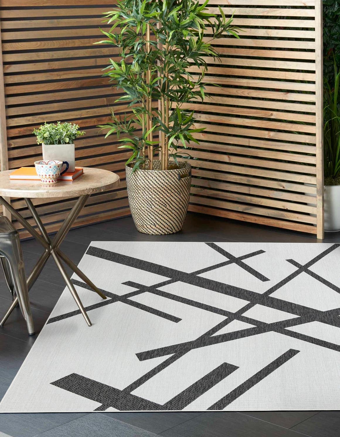 Black and White 7' 10 x 7' 10 Outdoor Modern Square Area Rug Weather Resistant for Patio, Deck, Terrace, Balcony, Porch 100% Polypropylene Modern Outside Carpet for Sale at Rug Engine