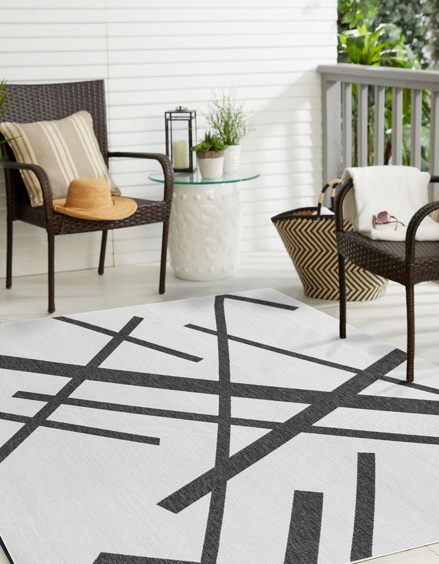Black and White 7' 10 x 7' 10 Outdoor Modern Square Area Rug Weather Resistant for Patio, Deck, Terrace, Balcony, Porch 100% Polypropylene Modern Outside Carpet for Sale at Rug Engine