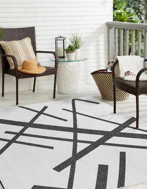 Black and White 10' x 10' Outdoor Modern Square Area Rug Weather Resistant for Patio, Deck, Terrace, Balcony, Porch 100% Polypropylene Modern Outside Carpet for Sale at Rug Engine