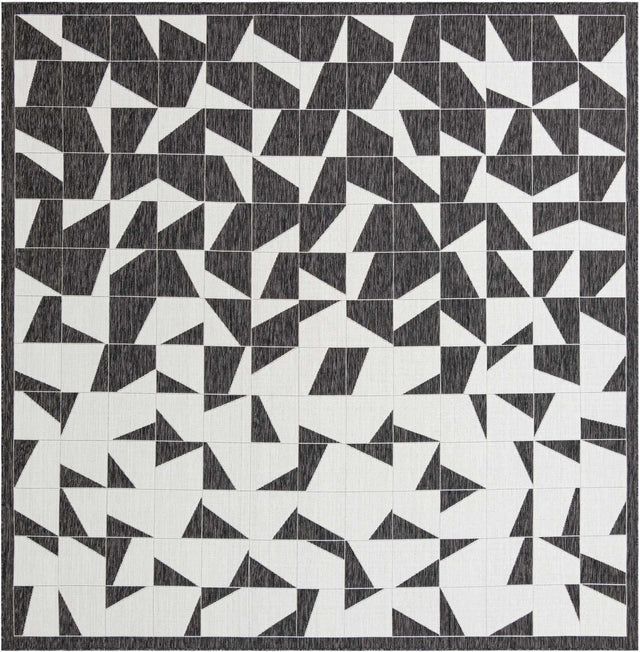 Black and White 10' x 10' Outdoor Modern Square Area Rug Weather Resistant for Patio, Deck, Terrace, Balcony, Porch 100% Polypropylene Modern Outside Carpet for Sale at Rug Engine