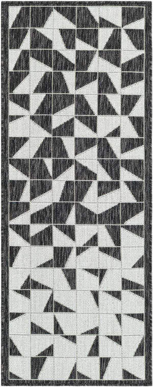 Black and White 2' x 5' 3 Outdoor Modern Runner Area Rug Weather Resistant for Patio, Deck, Terrace, Balcony, Porch 100% Polypropylene Modern Outside Carpet for Sale at Rug Engine