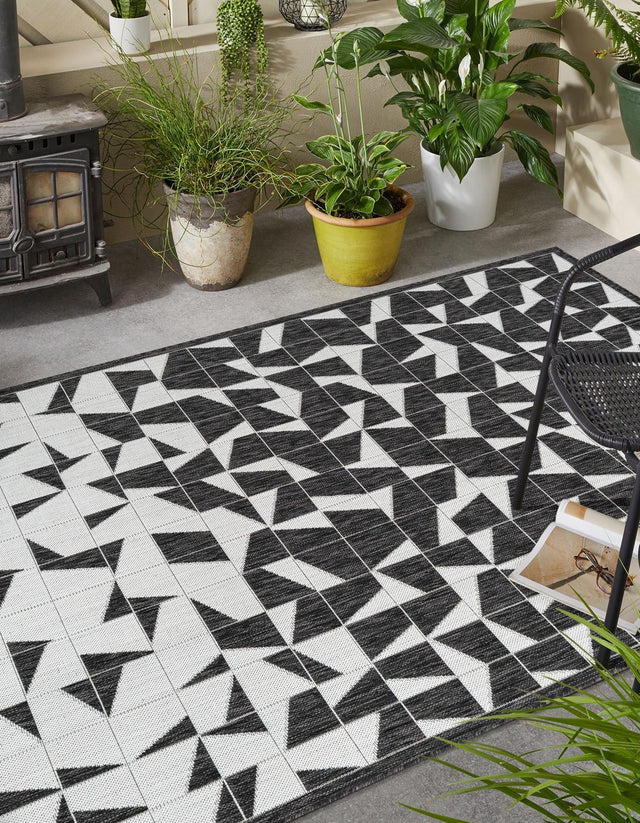 Black and White 4' 1 x 6' 1 Outdoor Modern Rectangle Area Rug Weather Resistant for Patio, Deck, Terrace, Balcony, Porch 100% Polypropylene Modern Outside Carpet for Sale at Rug Engine